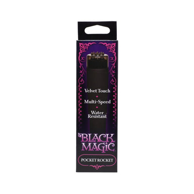 Black Magic Pocket Rocket vibrator packaging highlighting velvet touch, multi-speed, and water-resistant features in black and purple design.