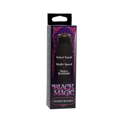 Black Magic Pocket Rocket vibrator in black packaging highlighting velvet touch, multi-speed, and water-resistant features.