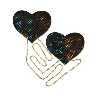 Black shattered disco ball heart-shaped pasties with attached gold chains on white background