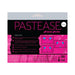 Pastease Chains premium pasties packaging with application instructions and product details on a pink and black background.