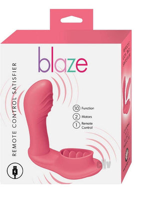 Packaging of Blaze Remote Satisfier in pink with product image, highlighting 10 functions, 2 motors, and remote control features.