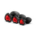 Three black silicone heart-based plugs in small, medium, and large sizes with red gem accents.