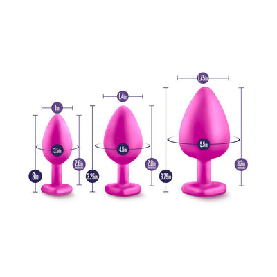 Three pink tapered silicone plugs in small, medium, and large sizes with measurement details shown on a white background.