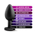 Black silicone plug with heart-shaped base shown alongside features like body-safe, fragrance-free, platinum-cured, satin smooth, and three sizes.