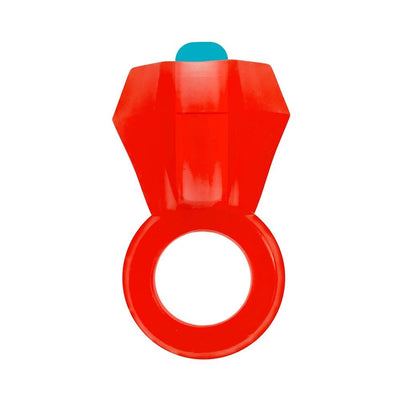 Red flexible cock ring with a large faceted gem-shaped top and a blue button for vibration control.