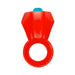 Red flexible cock ring with a large faceted gem-shaped top and a blue button for vibration control.