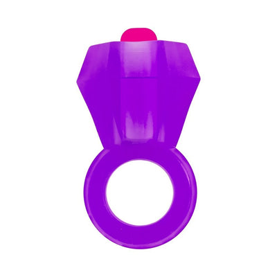 Purple flexible cock ring with a faceted gem-shaped top and a small red button on white background.