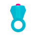 Blue flexible cock ring with a faceted top and a small pink button for vibration control.