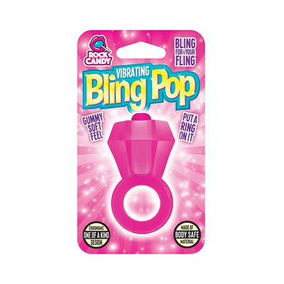 Pink vibrating Bling Pop ring in gem shape packaging with bright, playful Rock Candy branding and product features.