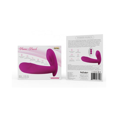 Bliss Power Punch Thrusting Vibe in purple with remote control, shown on packaging highlighting features and specifications.