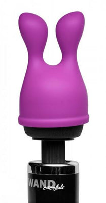 Purple dual-tip silicone attachment designed for wand massagers, featuring flexible bulbous ends for targeted stimulation.