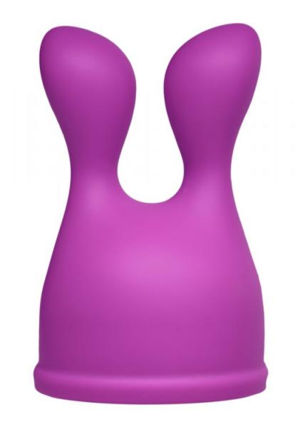 Purple silicone dual-tip attachment for wand massagers with flexible, bulbous ends for targeted stimulation.