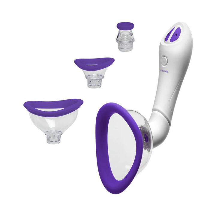 Automatic vibrating pump with ergonomic white handle and four interchangeable clear silicone cups with purple rims.
