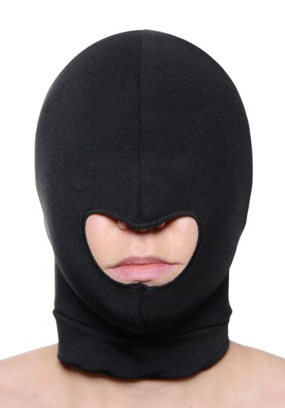 Black spandex hood with open mouth design, covering the head and eyes for sensory play and roleplaying.
