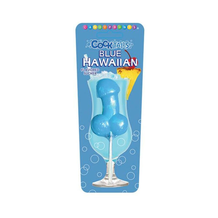 Blue Hawaiian flavored novelty shaped sucker in playful packaging with tropical drink illustration.