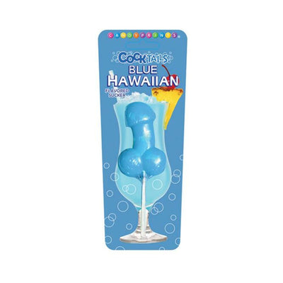 Blue Hawaiian flavored novelty shaped sucker in playful packaging with tropical drink illustration.