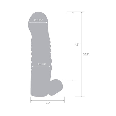 Diagram of Blue Line vibrating penis sleeve extension with detailed measurements in inches.