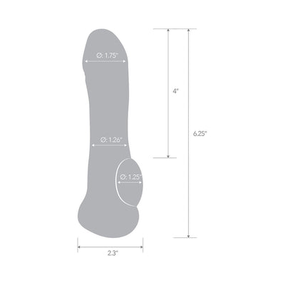 Diagram showing dimensions of a 6.25 inch transparent penis enhancing sleeve extension with width measurements at various points.