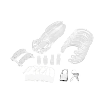 Clear acrylic chastity cage kit with adjustable rings, spacers, locking padlock, and keys on white background.