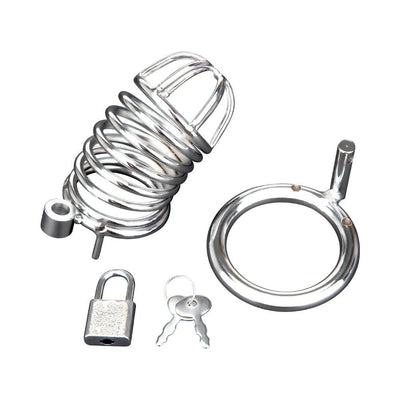 Silver metal two-piece chastity cage with locking padlock and two keys on white background