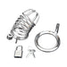 Silver metal two-piece chastity cage with locking padlock and two keys on white background