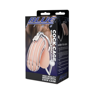 Packaging of Blue Line silver metal cock cage with anal stimulator showing product design and usage instructions.