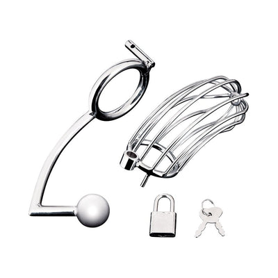 Silver metal cock cage with attached anal stimulator, padlock, and two keys on a white background.