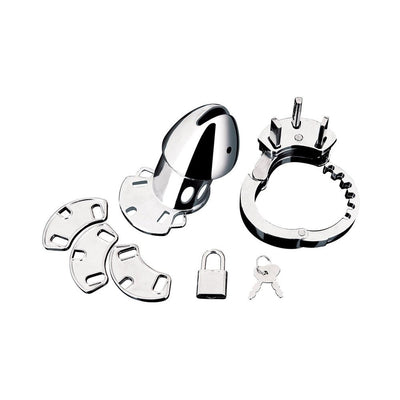 Silver Blue Line Obedience Cage set with adjustable spacers, locking ring, padlock, and keys on white background.