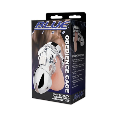 Packaging of Blue Line Obedience Cage in silver with lock, showing product design and usage instructions.