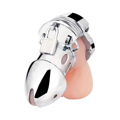 Silver metal chastity cage with padlock and key, designed for secure and comfortable wear.