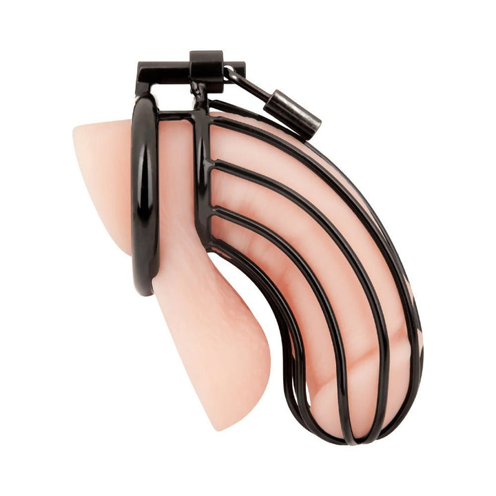 Black metal cage chastity device with lock and key, designed for secure and comfortable long-term wear.