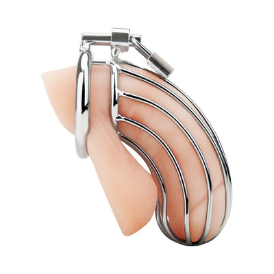 Silver stainless steel cock cage with ergonomic curved bars and attached locking mechanism on a flesh-colored model.