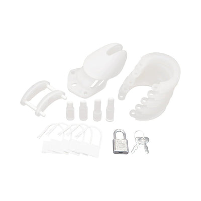 White silicone chastity cage kit with multiple rings, spacers, plastic locks, and a small metal padlock with keys.