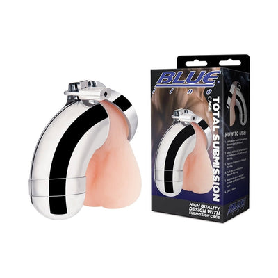 Silver stainless steel cock cage with attached flesh-toned testicle ring and locking mechanism, shown with packaging box.