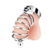 Silver stainless steel urethral play cage with locking mechanism on a flesh-colored model.