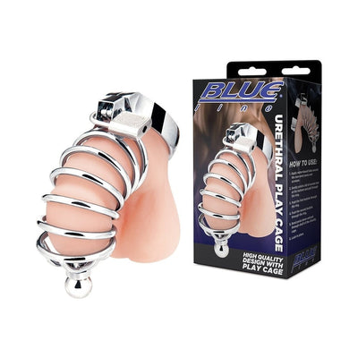 Silver stainless steel urethral play cage with padlock displayed next to its packaging box.