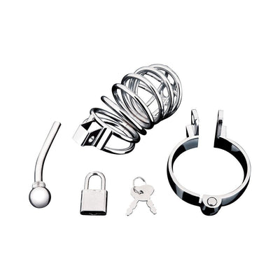 Silver stainless steel urethral play cage set with bulb sound, locking ring, padlock, and two keys on white background.