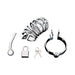 Silver stainless steel urethral play cage set with bulb sound, locking ring, padlock, and two keys on white background.