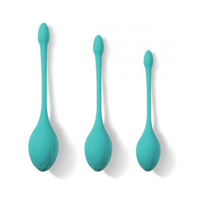 Bluebell Floral set of three blue silicone Kegel exercise weights in varying sizes with long tail design for easy removal.