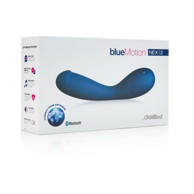 Packaging box of Bluemotion Nex 2nd Gen app-controlled blue G-spot vibrator by OhMiBod with Bluetooth connectivity features.