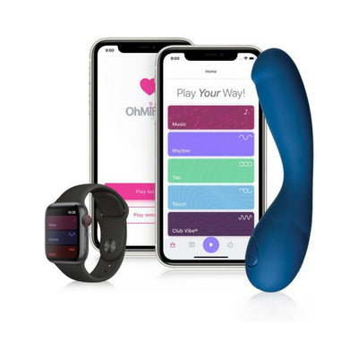 Blue curved G-spot vibrator alongside smartphone and smartwatch displaying app controls for customizable vibration modes.