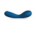 Blue curved silicone G-spot vibrator with a smooth matte finish and a single control button on the handle.