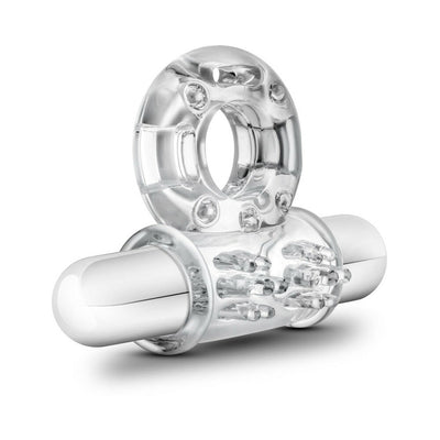 Clear vibrating bull ring cock ring with textured sleeve and removable bullet vibrator.