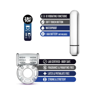 Clear vibrating bull ring and bullet with 10 functions, waterproof, body-safe, stretchy, and battery operated.