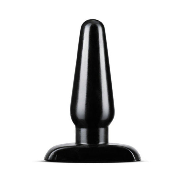 Medium-sized black tapered anal plug with a wide base, made from smooth, glossy material.