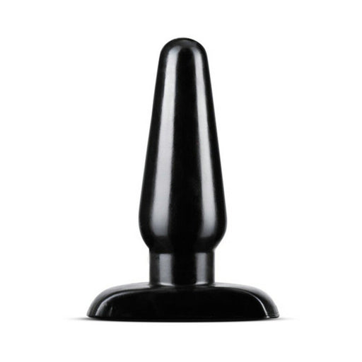 Medium-sized black tapered anal plug with a wide base, made from smooth, glossy material.