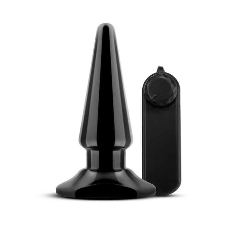 Black tapered anal plug with flared base and wired remote control for adjustable vibrations.