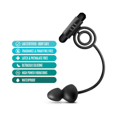 Black silicone anal plug with vibrating C-ring and bullet, featuring body-safe, waterproof, and latex-free design.