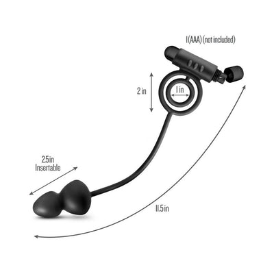 Black silicone anal plug with vibrating C-ring, showing dimensions and battery compartment details.