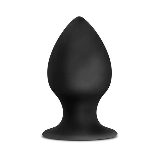 Large black silicone anal plug with a tapered tip and wide base for comfortable and safe use.
